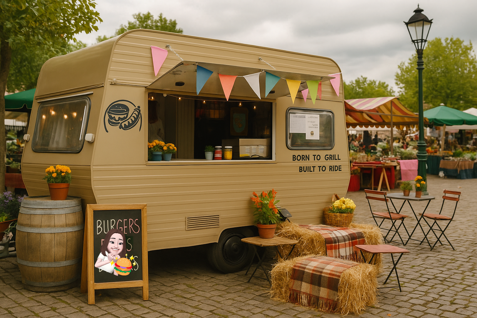 Beige foodtruck met vlaggen, bloemen en stoelen op een marktplein, klaar voor burgers en grillen.